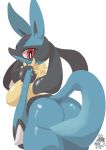  2019 absurd_res anthro blue_body blue_fur blush breasts butt female fur gloves_(marking) hi_res looking_back lucario markings multicolored_body multicolored_fur nintendo nyaswitchnya pok&eacute;mon pok&eacute;mon_(species) rear_view red_eyes simple_background smile video_games white_background 