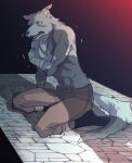  bottomwear canid canine canis clothed clothing imminent_danger kemono_michi:_rise_up male mammal muscular muscular_male pants scared shadow shaking sitting topless trembling wolf wolfgang_von_kraftman 