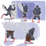  1:1 2019 anthro anus avian bathroom biped bird blowout bulge clothed clothing comic crouching desperation dialogue digital_media_(artwork) embarrassed english_text feathers feces front_view hi_res looking_back male multiple_scenes onomatopoeia pooping public_restroom raised_tail rear_view scat signature soiling solo sound_effects speech_bubble standing stinkybuns text topless walking 