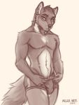  anthro bulge canid canine canis clothed clothing hi_res looking_at_viewer male mammal solo topless underwear undressing wolf yaegerarts 