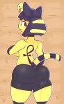  2018 animal_crossing ankha_(animal_crossing) back_tattoo bike_shorts blue_hair bottomwear breasts brown_background butt clothed clothing domestic_cat felid feline felis female fur hair hi_res looking_back mammal nintendo shorts side_boob simple_background sirphilliam solo striped_tail stripes tattoo topless uraeus video_games yellow_body yellow_fur 