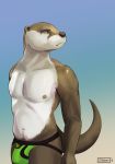  2019 absurd_res anthro athletic bottomwear brown_body brown_fur bulge clothed clothing fur hi_res jock jockstrap lutrine male mammal muscular muscular_male mustelid otterboxed painting pants placid pubes rogue_fang simple_background simple_shading solo topless underwear white_body white_fur 
