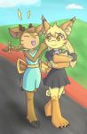  2018 4_fingers 4_toes :&gt; accessory amber_eyes anthro antlers bag banoffee_(unknownlifeform) black_clothing black_dress blonde_hair blue_clothing blue_dress braided_hair breasts brown_body brown_fur brown_nose cervid claws clothed clothing digital_media_(artwork) dress duo eyebrows eyelashes eyes_closed facial_markings female fingers food fur hair hair_accessory hair_bow hair_ribbon hair_tie head_markings hi_res holding_object hooves horn long_hair mammal markings open_mouth orange_body orange_fur ribbons scarf signia_(unknownlifeform) single_braid star_eyes toes unknownlifeform walking yellow_body yellow_clothing yellow_fur 