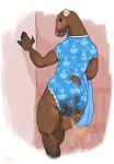  2019 anthro biped blush breasts clothed clothing diaper digital_media_(artwork) embarrassed fart feces female fur looking_back mammal onesie pooping rear_view scat side_boob soiling standing stinkybuns 