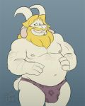  2015 4_fingers anthro arm_hair asgore_dreemurr beard belly black_eyes blonde_hair body_hair boss_monster bovid bulge butt caprine clothed clothing digital_drawing_(artwork) digital_media_(artwork) facial_hair fingers fur hair half-closed_eyes hand_on_stomach horn invalid_tag long_ears long_horns male mammal mostly_nude navel nipples portrait short_tail simple_background slushbear smile solo three-quarter_portrait topless undertale underwear video_games watermark white_body white_fur 