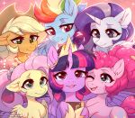 2019 absurd_res applejack_(mlp) clothing cutie_mark digital_media_(artwork) earth_pony emotional equid equine feathered_wings feathers female fensu-san feral fluttershy_(mlp) friendship_is_magic group hat headgear headwear hi_res horn horse looking_at_viewer mammal my_little_pony one_eye_closed pinkie_pie_(mlp) pony pterippus rainbow_dash_(mlp) rarity_(mlp) twilight_sparkle_(mlp) unicorn winged_unicorn wings 