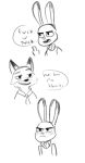  black_and_white blush canid canine clothed clothing comic dialogue dipstick_ears disney english_text fox gesture judy_hopps lagomorph leporid mammal mella middle_finger monochrome multicolored_ears necktie nick_wilde rabbit shirt simple_background smile text topwear white_background zootopia 