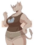  2019 anthro bottomwear breasts brown_eyes clothed clothing digital_media_(artwork) female fingers grey_body grey_skin hi_res horn large_female mammal rhinocerotoid shirt shorts simple_background slightlysimian smile solo tall_female topwear 