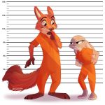  1:1 barefoot black_nose canid canine cheek_tuft claws clothed clothing delhedalim disney ears_down face_tuft fluffy fluffy_tail fox frown fully_clothed fur gloves_(marking) green_eyes grey_body grey_fur hi_res judy_hopps jumpsuit light lighting looking_at_another mammal markings nick_wilde orange_body orange_fur pink_nose pivoted_ears purple_eyes red_fox signature toe_claws tuft upset zootopia 