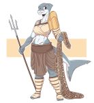  2019 5_fingers anthro armor bottomwear clothed clothing digital_media_(artwork) female fingers fish gladiator hi_res holding_object holding_weapon marine melee_weapon net polearm ranged_weapon scar shark simple_background slightlysimian solo topwear trident warrior weapon white_background 