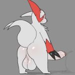  anthro anus balls big_balls big_penis bodily_fluids butt clade erection excessive_precum genital_fluids holding_penis huge_balls humanoid_penis invalid_tag male nintendo penis perineum pok&eacute;mon pok&eacute;mon_(species) precum red_eyes simple_background solo standing uncut video_games white_balls zangoose 