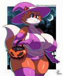  2018 2d_animation animated anthro armwear belly big_breasts black_eyes bouncing_breasts breasts candy canid canine clothing cloud crescent_moon curvy_figure digital_media_(artwork) dipstick_ears dipstick_tail elbow_gloves female food fox gloves halloween handwear hat headgear headwear hi_res holding_object holidays huge_breasts legwear mammal moon multicolored_ears multicolored_tail navel night sky slightly_chubby smile solo star starry_sky steffanni text thick_thighs thigh_highs toto_draw url voluptuous walking wide_hips witch_hat 
