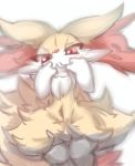 2018 anthro blush braixen chest_tuft dipstick_tail female fluffy fluffy_tail fur hi_res inner_ear_fluff looking_at_viewer multicolored_body multicolored_fur multicolored_tail navel nintendo nyaswitchnya pok&eacute;mon pok&eacute;mon_(species) simple_background solo tuft video_games white_background 