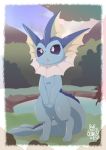  2019 3_toes absurd_res ambiguous_gender blue_body blue_skin blush border day detailed_background eeveelution feral grass hi_res nature nintendo nyaswitchnya open_mouth outside pok&eacute;mon pok&eacute;mon_(species) sky standing toes vaporeon video_games water 
