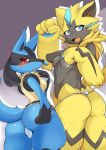  2019 absurd_res anthro anthrofied blue_body blue_fur bodily_fluids breasts butt canid canine felid feline female female/female fur hi_res legendary_pok&eacute;mon looking_at_viewer looking_back lucario mammal megane_inu nintendo pok&eacute;mon pok&eacute;mon_(species) pok&eacute;morph pussy rear_view red_eyes smile sweat video_games yellow_body yellow_fur zeraora 