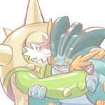  1:1 2014 3_fingers ambiguous/ambiguous ambiguous_gender blue_body blue_eyes blue_skin blush chesnaught claws digital_drawing_(artwork) digital_media_(artwork) duo embrace eye_contact fingers fur glamdoodle looking_at_another mammal mega_evolution mega_swampert nintendo open_mouth pok&eacute;mon pok&eacute;mon_(species) red_nose romantic simple_background smile video_games white_background white_body white_fur yellow_sclera 