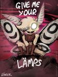  2019 3:4 ambiguous_gender anthro arthropod crouching dialogue english_text fluffy glowing glowing_eyes greenlinzerd hair hair_over_eye harper_(greenlinzerd) hi_res insect lepidopteran looking_at_viewer meme moth moth_lamp_(meme) red_theme sharp_teeth signature simple_background smile solo teeth text wings 