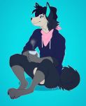  2019 anthro black_body black_fur black_hair black_nose blue_background blue_eyes canid canine canis clothed clothing digital_media_(artwork) domestic_dog fur hair hi_res male mammal senimasan simple_background sitting smile solo 