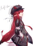  1girl arknights armor black_hat black_ribbon black_skirt collared_shirt commentary_request cowboy_shot demon_girl demon_horns demon_tail drop_shadow elbow_pads fang from_side grey_jacket hair_ornament hair_ribbon hairclip hand_in_pocket hands_in_pockets hat horns horns_through_headwear jacket long_hair long_sleeves looking_at_viewer looking_to_the_side low-tied_long_hair necktie nejikyuu newsboy_cap open_clothes open_mouth pauldrons pointy_ears red_eyes red_hair red_necktie ribbon shirt shoulder_armor shoulder_guard simple_background skirt solo tail very_long_hair vigna_(arknights) white_background white_shirt 