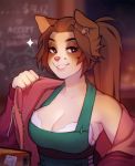  &lt;3 &lt;3_eyes 5_fingers anthro big_breasts breasts brown_hair canid canine canis cleavage clothed clothing domestic_dog facial_piercing female fingers hair half-closed_eyes lexie long_hair looking_at_viewer mammal piercing ponytail smile sparkles waitress_(artist) 