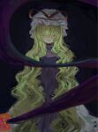  1girl black_background blonde_hair bow closed_mouth commentary_request cowboy_shot dress gap_(touhou) hair_over_eyes hat highres long_hair looking_ahead looking_at_viewer mob_cap mole mole_under_eye mole_under_mouth narrowed_eyes omaega_chan pink_hat purple_eyes purple_tabard red_bow simple_background smile straight-on tabard touhou very_long_hair white_dress yakumo_yukari 