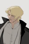  1boy akawakesen black_coat blonde_hair blue_eyes char_aznable coat collared_shirt cropped_torso gundam looking_at_viewer male_focus mobile_suit_gundam shirt solo white_shirt 