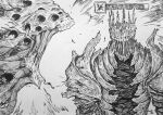  2boys armor body_horror cane chronozbergh claws commentary crosshatching elden_ring elden_ring_nightreign eldritch_abomination english_commentary extra_eyes flying_spittle from_side full_armor gameplay_mechanics greyscale hatching_(texture) helmet heolstor_the_nightlord highres linear_hatching meme monochrome monster monster_focus motion_lines multiple_boys saliva shouting speed_lines spiked_helmet teeth traitorous_straghess_(elden_ring) upper_body white_background woven_hatching 