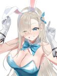  1girl absurdres animal_ears armpit_crease asuna_(blue_archive) asuna_(bunny)_(blue_archive) blue_archive blue_eyes blush breasts cleavage collarbone commentary detached_collar fake_animal_ears gloves hair_over_one_eye hairband hands_up highres large_breasts long_hair looking_at_viewer missing_halo mole mole_on_breast official_alternate_costume one_eye_closed rabbit_ears simple_background smile solo standing very_long_hair weeyi white_background white_gloves white_hairband 