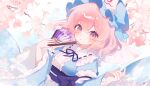  1girl blue_hat blue_kimono blush cherry_blossoms chinese_commentary commentary_request folding_fan frilled_kimono frills hair_between_eyes hand_fan hat highres holding holding_fan japanese_clothes kimono long_sleeves looking_at_viewer medium_hair misakiii mob_cap neck_ribbon obi pink_eyes pink_hair purple_ribbon purple_sash ribbon saigyouji_yuyuko sash sleeve_garter solo touhou triangular_headpiece wide_sleeves 