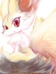  2018 anthro blush braixen fluffy fluffy_tail fur hi_res inner_ear_fluff looking_back multicolored_body multicolored_fur nintendo nyaswitchnya open_mouth pok&eacute;mon pok&eacute;mon_(species) rear_view simple_background sitting solo tuft video_games white_background 