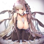  1girl all_fours azur_lane bangs bare_shoulders between_breasts black_dress blush breasts cleavage dress earrings eyebrows_visible_through_hair flight_deck formidable_(azur_lane) frilled_dress frills grey_hair hair_ribbon highres jewelry large_breasts long_hair long_sleeves looking_at_viewer red_eyes ribbon rigging solo toki_(toki_ship8) twintails two-tone_dress two-tone_ribbon very_long_hair 
