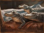  2024 alexpahomov crocodilian digital_media_(artwork) digital_painting_(artwork) feral green_body green_scales group hi_res lying mud multicolored_body multicolored_scales painting_(artwork) reptile scales scalie sharp_teeth teeth two_tone_body two_tone_scales white_body white_scales 