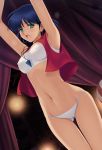  1girl armpits arms_up ass_visible_through_thighs bangs blue_hair bra breasts covered_nipples cowboy_shot dutch_angle earrings fushigi_no_umi_no_nadia green_eyes groin jewelry looking_at_viewer medium_breasts nadia navel necklace open_mouth panties saeki_takashi short_hair solo standing strapless strapless_bra sweatdrop thigh_gap tubetop underwear white_bra white_panties 