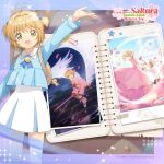  2girls :d ^_^ antenna_hair arm_up black_shorts blonde_hair blue_shirt brown_hair cardcaptor_sakura cardcaptor_sakura:_memory_key child clock clock_tower closed_eyes copyright_logo copyright_name creature dancing dress drill_hair elbow_pads english_commentary flower_(clow_card) fuuin_no_tsue gloves hat highres holding holding_hands holding_wand kero_(cardcaptor_sakura) kinomoto_sakura knee_pads logo magical_girl multiple_girls official_art open_mouth pajamas petals pink_dress pink_pajamas pink_petals red_gloves shirt short_twintails shorts sitting skirt smile thighhighs tower twin_drills twintails wand white_hat white_shirt white_skirt white_thighhighs white_wings wings 