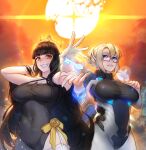  2girls :d arm_behind_head black-framed_eyewear black_bodysuit black_dress black_hair blonde_hair blue_eyes blunt_bangs bodysuit braid breasts cleavage commentary_request cowboy_shot dress english_commentary garter_straps glasses glowing gold_tiara grin impossible_bodysuit impossible_clothes jewelry key large_breasts lens_flare light_particles long_hair looking_at_viewer momera multiple_girls orange_eyes original outstretched_arm parted_lips semi-rimless_eyewear sleeveless sleeveless_dress smile sun thighhighs under-rim_eyewear very_long_hair white_garter_straps white_thighhighs 