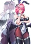  1girl :t absurdres animal_ears arm_under_breasts art_program_in_frame black_bow black_wings bow breasts bubble_tea bubble_tea_challenge cruzvu cup disposable_cup drinking drinking_straw fake_animal_ears hair_bow hair_ornament highres large_breasts leotard looking_at_viewer medium_hair multiple_views pink_eyes pink_hair playboy_bunny pointy_ears pout rabbit_ears remielle_dan simple_background solo strapless strapless_leotard white_background wings zenless_zone_zero 