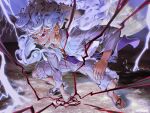  1boy atmosgear clenched_hand commentary_request full_moon fur-trimmed_shorts fur_trim gear_fifth haki_(one_piece) hand_on_ground hat highres lightning looking_ahead male_focus monkey_d._luffy moon one_piece open_clothes open_mouth open_shirt outdoors red_eyes sandals scar scar_on_face shirt shorts solo squatting straw_hat teeth unworn_headwear white_hair white_shirt white_shorts 