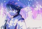  1boy armor black_hair blunt_ends clenched_hand closed_mouth clothing_cutout eyelashes eyeliner flower genshin_impact hand_up highres innagaja japanese_armor japanese_clothes kariginu kote kurokote layered_sleeves looking_to_the_side makeup male_focus outdoors portrait purple_eyes purple_sleeves purple_veil red_eyeliner scaramouche_(genshin_impact) scaramouche_(kabukimono)_(genshin_impact) see-through_clothes see-through_veil shoulder_cutout signature sketch solo tsurime twitter_username veil white_background white_sleeves wispy_bangs wisteria 