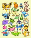  ampharos budew closed_eyes ditto fangs furret highres hoppip jolteon lampent leaf leafeon marill minior minior_(core) minior_(red_core) mudkip oddish open_mouth piplup pokemon pokemon_(creature) pokemon_focus realmjork shinx_(male) simple_background skiploom smile tail togepi torchic wooper yellow_background 
