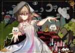  1girl :| absurdres animal_ears arknights blue_eyes border bright_pupils brown_hair checkered_floor chinese_commentary closed_mouth commentary_request cowboy_shot crescent_moon diamond-shaped_pupils diamond_(shape) diorama dot_nose dress expressionless eye_symbol floppy_ears hair_between_eyes hair_intakes hierda_(arknights) highres hood hood_up kal'tsit_(arknights) keep_out looking_at_viewer menthe moon multicolored_hair originium_(arknights) ornate_border pink_pupils pink_streaks rabbit_ears rabbit_girl raised_inner_eyebrows short_hair short_sleeves solo spool streaked_hair surreal symbol-shaped_pupils thread tree voodoo_doll white_dress white_hood yukkuri_shiteitte_ne 