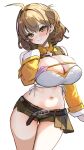  1girl absurdres ahoge anis_(nikke) anis_(star)_(nikke) bare_shoulders belt blush breasts cleavage commentary_request goddess_of_victory:_nikke green_shorts hair_ornament highres jacket large_breasts long_sleeves looking_at_viewer marumai micro_shorts navel open_mouth short_hair shorts smile solo thighs yellow_jacket 