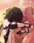  2girls adoptive_parent_and_adoptive_child aemeath_(wuthering_waves) bandaged_hand bandages bare_shoulders black_gloves black_hair breasts commentary_request dated elbow_pads female_rover_(wuthering_waves) gloves hair_ornament hairclip highres hug long_hair medium_breasts mother_and_child mother_and_daughter multiple_girls orange_sky outdoors parallel_hairclips parent_and_child pink_hair ponytail rover_(wuthering_waves) signature sky starblame tacet_mark_(wuthering_waves) upper_body wuthering_waves 