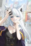  1girl absurdres ahoge animal_ear_fluff animal_ear_piercing animal_ears bangom_r black_shirt blue_eyes blue_sky blush breasts cloud commentary_request cup disposable_cup drink drinking_straw fox_ears fox_girl hair_between_eyes happy highres holding holding_drink hololive hood hood_down jacket jacket_on_shoulders long_hair looking_at_viewer loungewear medium_breasts outdoors purple_jacket scenery shirakami_fubuki shirakami_fubuki_(loungewear) shirt sky smil solo sparkle t-shirt teeth upper_body v virtual_youtuber white_hair white_hood 