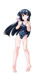  1girl anime_coloring barefoot black_hair blue_one-piece_swimsuit breasts cleavage closed_mouth collarbone covered_navel full_body game_asset hair_ribbon hands_up highres hiiragi_mako large_variant_set long_hair mahotama maki_daikichi medium_breasts official_art one-piece_swimsuit open_hands orange_eyes raised_inner_eyebrows ribbon school_swimsuit simple_background solo standing sweat swimsuit tachi-e tareme third-party_source tiptoes transparent_background variant_set visual_novel_cg 