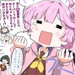  4girls =_= ^_^ anyoji_hime black_hair black_ribbon blonde_hair blue_hair blunt_bangs blunt_ends blush bob_cut brown_dress brown_hair chibi chibi_inset closed_eyes dress fujishima_megumi gradient_hair hair_intakes hair_ribbon hands_up hasu_no_sora_school_uniform hood hood_down hooded_jacket jacket long_sleeves love_live! love_live!_hasu_no_sora_jogakuin_school_idol_club momose_ginko multi-tied_hair multicolored_hair multiple_girls navyblue_konjac neckerchief open_clothes open_jacket open_mouth osawa_rurino pink_hair pink_jacket ponytail ribbon sailor_collar sailor_dress school_uniform short_hair speech_bubble sweatdrop translation_request twintails two_side_up virtual_youtuber white_background white_sailor_collar winter_uniform yellow_neckerchief 
