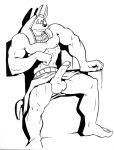  2002 anubian_jackal anubis balls canid canine canis deity egyptian_mythology erection humanoid_penis jackal male mammal middle_eastern_mythology monochrome muscular muscular_male mythology penis poop_(artist) solo 