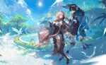  1boy 1girl absurdres ahoge anemo_symbol_(genshin_impact) armor artist_request belt bird bishounen black_belt black_bow black_bridal_gauntlets black_gloves black_pantyhose black_sandals black_shoes black_shorts black_skirt black_sleeves blue_eyes blue_gem blue_hat blue_jingasa blue_sky blue_sleeves blunt_ends bow breasts bridal_gauntlets building bush cape character_request cleavage_cutout clothing_cutout cloud cloudy_sky commission couple eyeliner falling_feathers feathers floating fountain fringe_trim full_body furisode gem genshin_impact gloves gold gold_thighlet grey_cape hakama hakama_shorts hand_up hat hetero high_heels highres huge_ahoge japanese_armor japanese_clothes jewelry jingasa kimono kote kurokote large_breasts layered_skirt layered_sleeves leg_warmers levitation long_hair long_sidelocks long_sleeves looking_at_another makeup medium_skirt middle_ring oc_x_canon original outdoors pantyhose pink_gem playing_with_another's_hair pleated_shorts pom_pom_(clothes) purple_eyes purple_rope purple_sash red_eyeliner rope sandals sash scaramouche_(genshin_impact) second-party_source shirt shoes short_over_long_sleeves short_sleeves shorts shoulder_cutout showgirl_skirt side_slit sidelocks skirt sky sun tassel thighlet toeless_legwear toes tree tsurime very_long_hair wanderer_(genshin_impact) white_bird white_feathers white_leg_warmers white_shirt white_skirt white_sleeves yellow_feathers zouri 