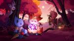  absurdres animal_ear_fluff animal_ears animal_nose black_fur blush body_fur braixen commentary commission dewott english_commentary fox_ears fox_girl fox_tail furry furry_female happy highres k.z.r looking_at_another multicolored_fur no_humans noibat open_mouth outdoors pokemon pokemon_(creature) pokemon_mystery_dungeon pumpkaboo red_eyes red_leaf sawsbuck sawsbuck_(autumn) sitting smile tail tree white_fur yellow_fur 