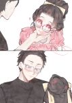  1girl ? absurdres ac_jxnjxnz alternate_costume bangs_pinned_back bespectacled black_hair black_shirt blue_eyes blush closed_mouth commentary_request couple dress flower-shaped_pupils glasses hair_bun hakuji_(kimetsu_no_yaiba) hand_on_another's_chin head_rest height_difference hetero highres jewelry kimetsu_no_yaiba koyuki_(kimetsu_no_yaiba) looking_at_another necklace pink_dress pink_eyes shirt short_hair simple_background smile symbol-shaped_pupils updo upper_body white-framed_eyewear white_background 