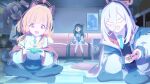  4girls absurdres anger_vein angry animal_ear_hairband animal_ears annoyed aris_(blue_archive) black_hair black_hairband black_halo black_jacket black_thighhighs blonde_hair blue_archive blue_hair blue_halo blue_necktie blue_skirt bow cat_ear_hairband cat_ears cat_tail closed_eyes collared_shirt commentary_request controller couch crossed_legs fake_animal_ears game_controller hair_between_eyes hair_bow hairband halo happy highres holding holding_controller indoors jacket jacket_partially_removed kei_(blue_archive) kei_(student)_(blue_archive) long_hair mechanical_halo momoi_(blue_archive) multiple_girls naaga_sonomono necktie no_pupils open_mouth pink_bow pink_halo playing_games playing_video_games pleated_skirt shirt sitting skirt tail thighhighs twintails very_long_hair white_hair white_jacket white_shirt yuuka_(blue_archive) 
